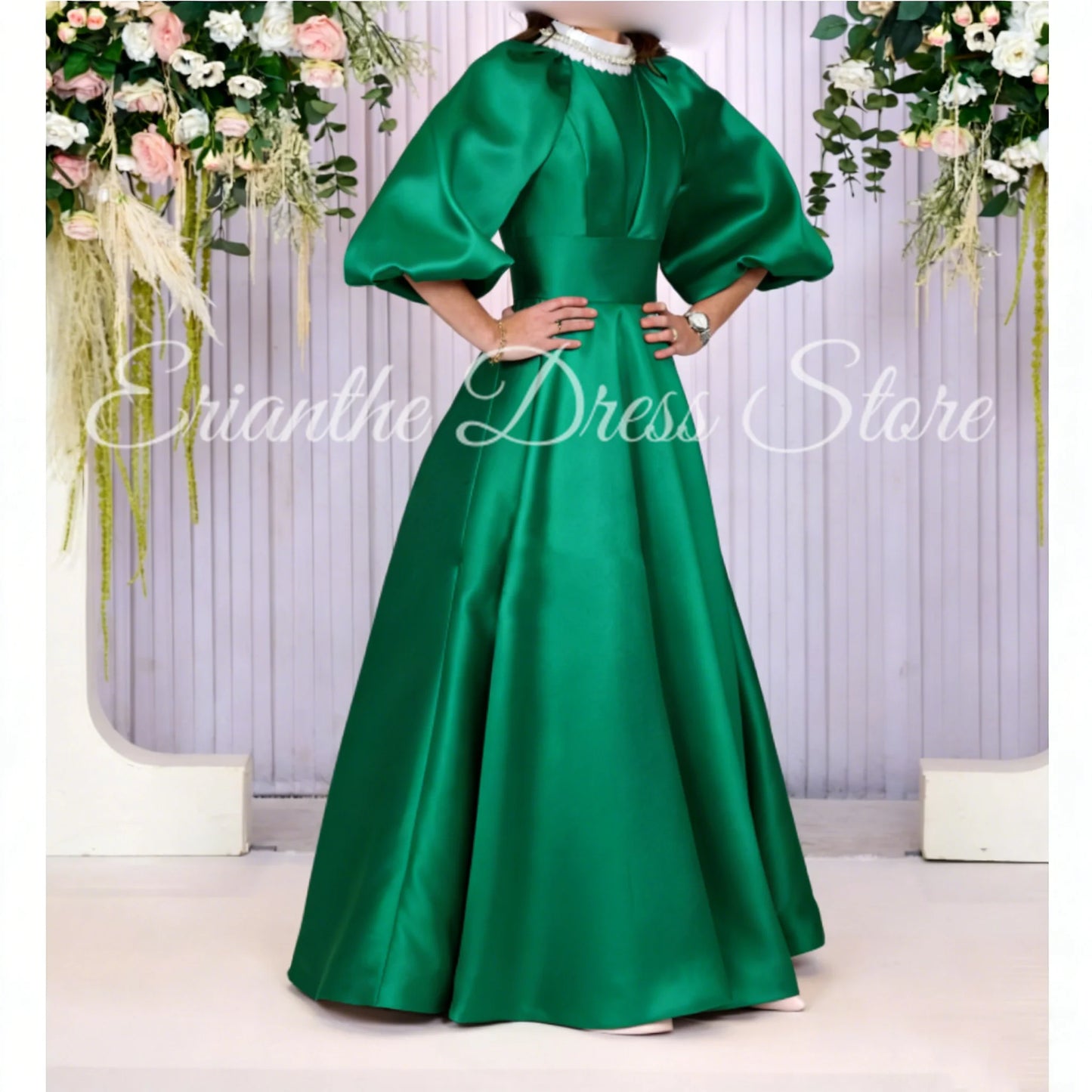 Pink Satin Bridesmaid DressSleeve Satin For Women Balloon Sleeve A-line Round Neck Birthday Party Evening Ball Gown Customized
