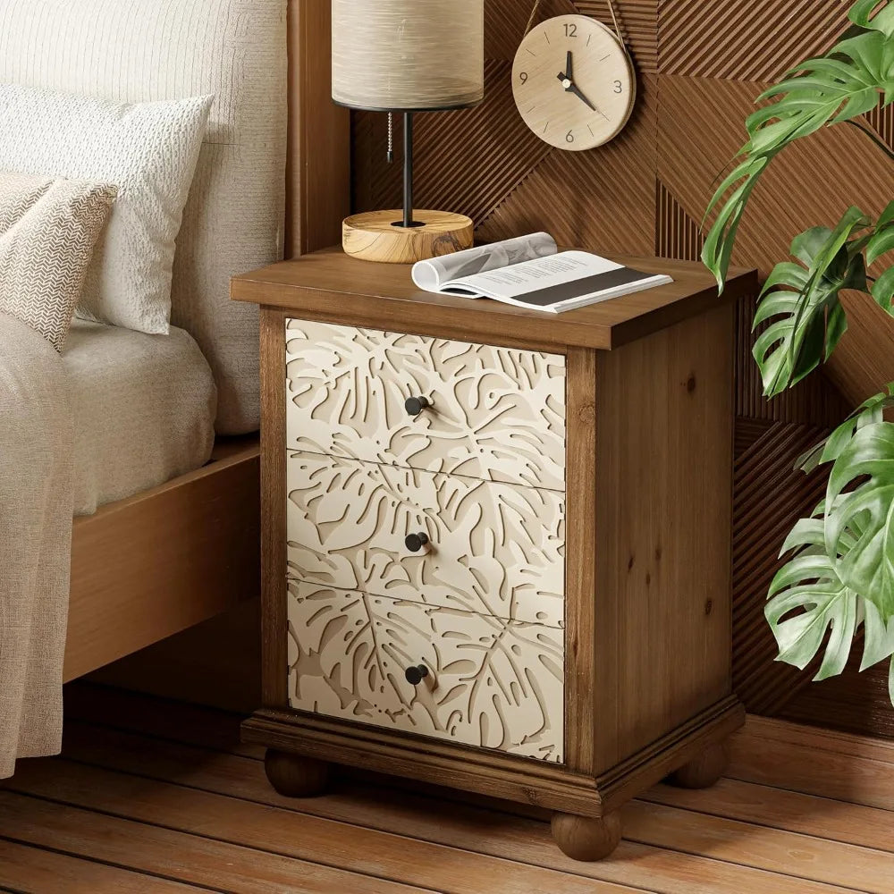 Farmhouse 3-Drawer Nightstand with Leaves Pattern Carved, Set of 2 Vintage French Country End Table for Bedroom,, Customized