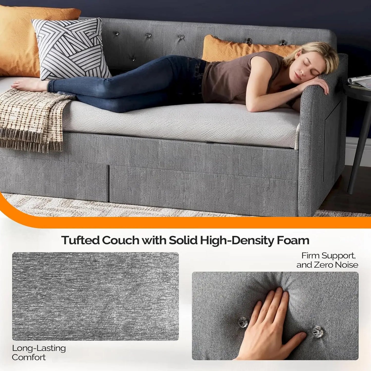 Twin Size Daybed with 2 Storage Drawers and Pockets, Chenille Fabric with Diamond Buttons, Upholstered Comfy, Customized