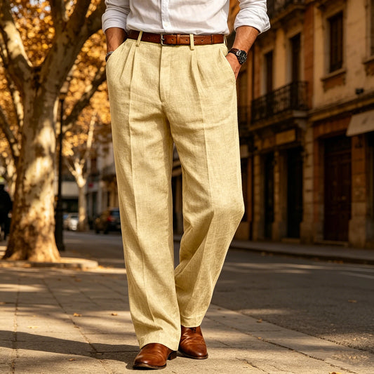 Men's Summer Linen Suit Pants High Waist Pleated Wide Leg Casual Trousers Business Formal  Breathable Loose Fit Straight Pants