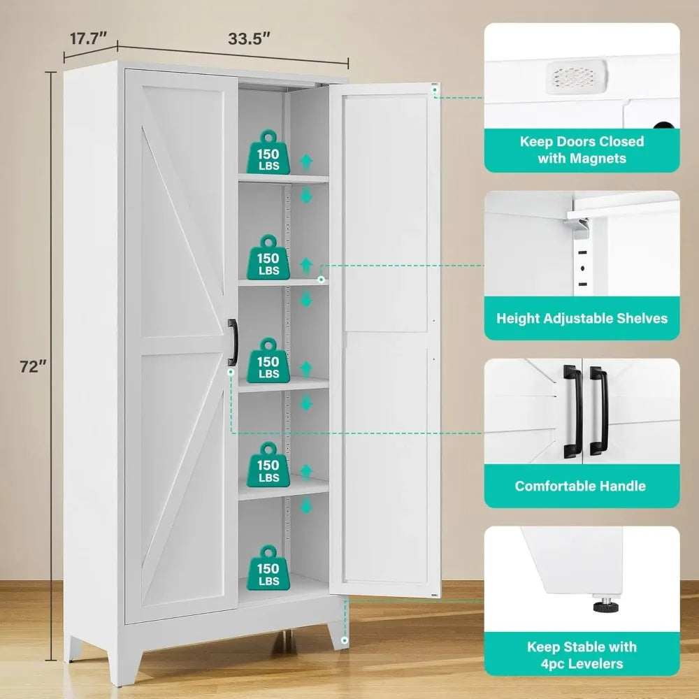72" Tall Pantry Storage Cabinet with 2 Doors 5 Shelves Farmhouse White Cupboard for Kitchen Bathroom Living Room, Custom