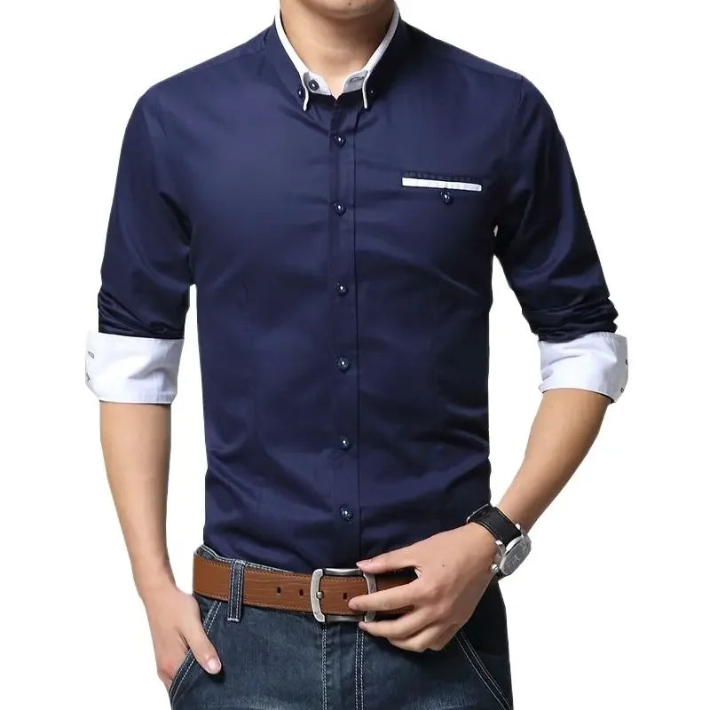 2026 New Arrival Men Casual Business Shirt Long Sleeve Korean Style Solid Color Cotton Mens Shirt Turn Down Collar Shirt for Men