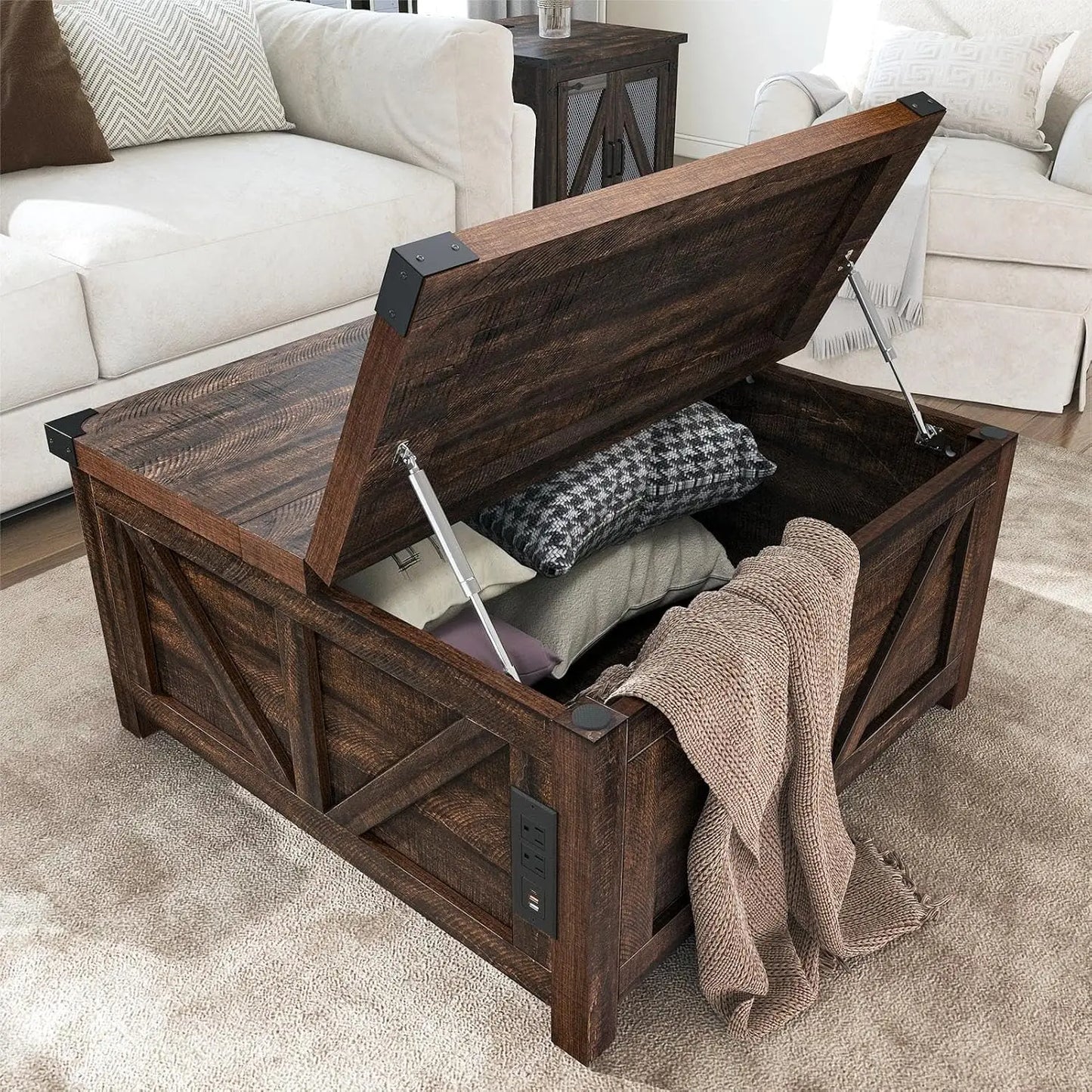 Farmhouse Lift Top Coffee Table with Storage, Wood Square Center Table with Charging Station&USB Port, Living Room, Customized