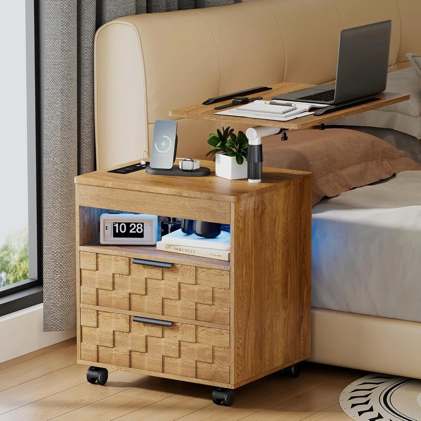 Nightstand with Charging Station, LED Bedside Table 2 Drawers, Smart Wooden End Table for Laptop Rolling Side Table, Customized
