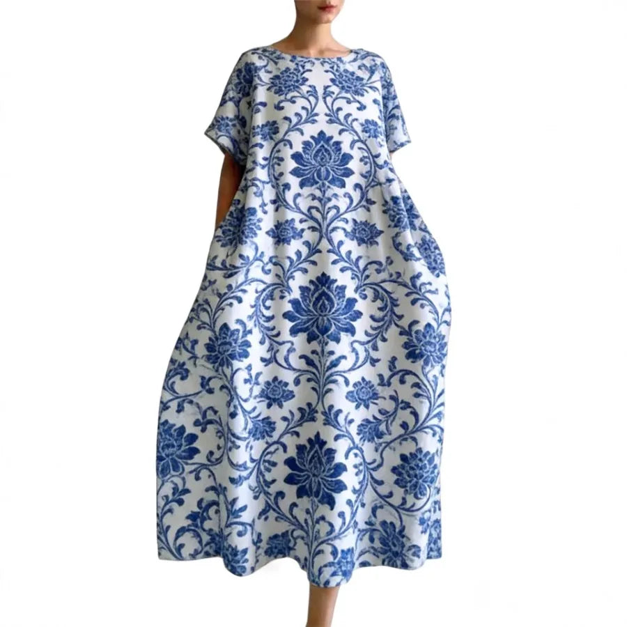 2026 European and American vacation style hit watercolor flower print dress loose mid-length dress