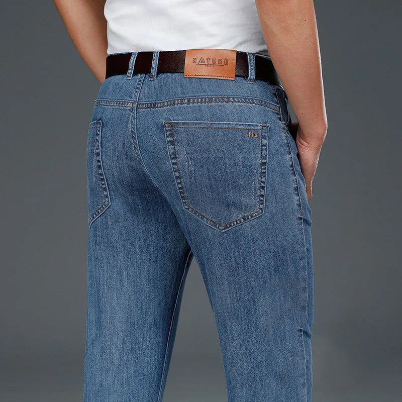 BROWON Brand Smart Casual Mens Denim Pant Straight Full Length Mid Waist Thin Soft Business Summer Jeans for Man