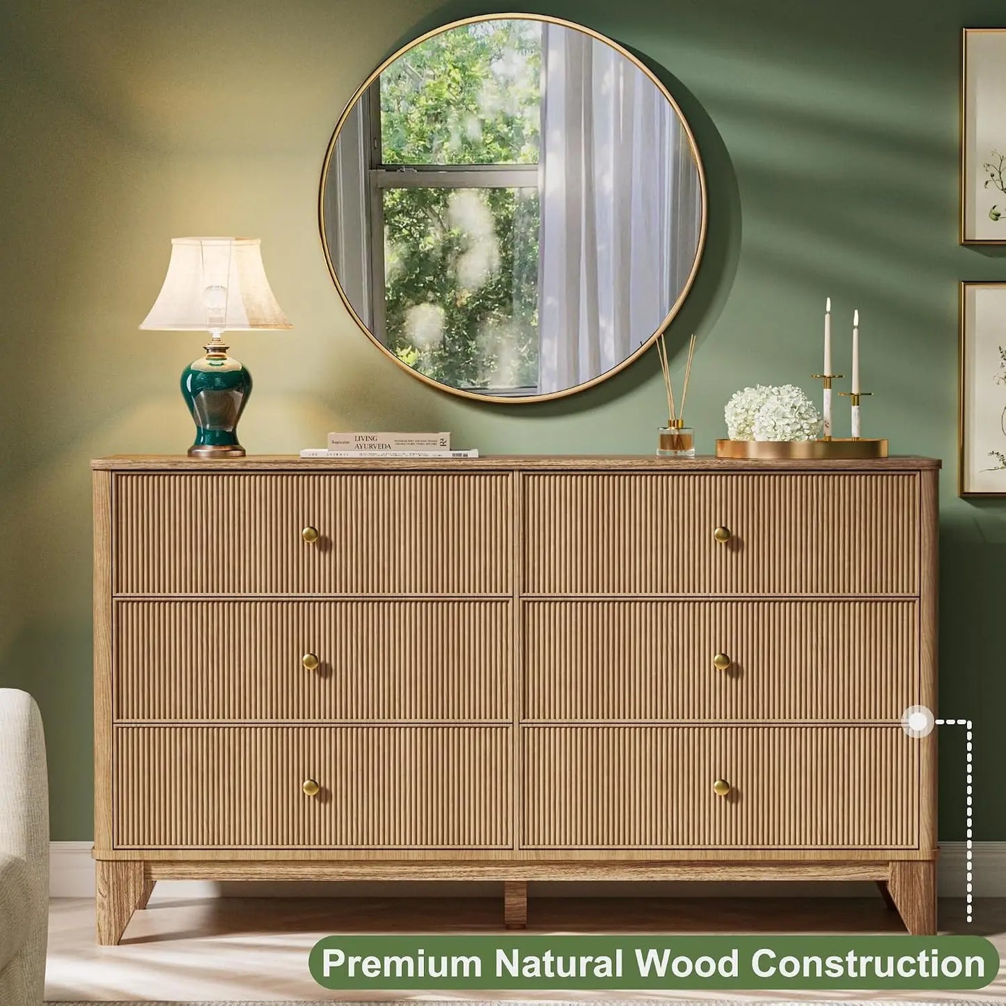 54" Wide Modern Fluted Wooden 6 Drawer Dresser, Multi-Functional Bedroom TV Storage Chest with Smooth Round Corners, Customized