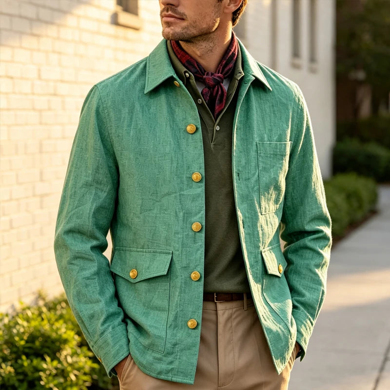 Mens Vintage Linen Jacket With Breathable Gold Button Lapel Design
