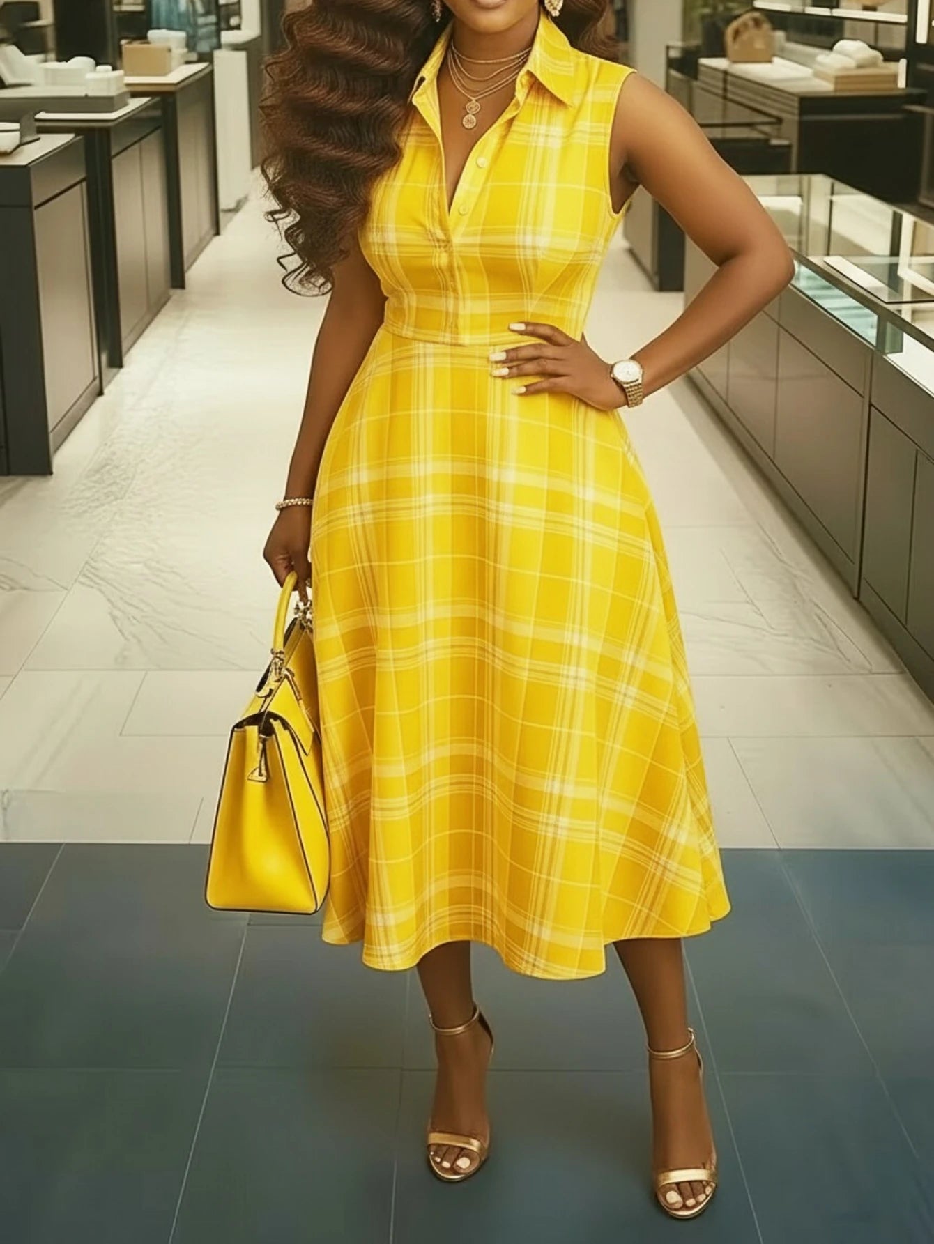 Women Lapel Collar Sleeveless Plaid Print Midi Dress For Shopping Mall Casual Daily And Weekend Vacation Occasion