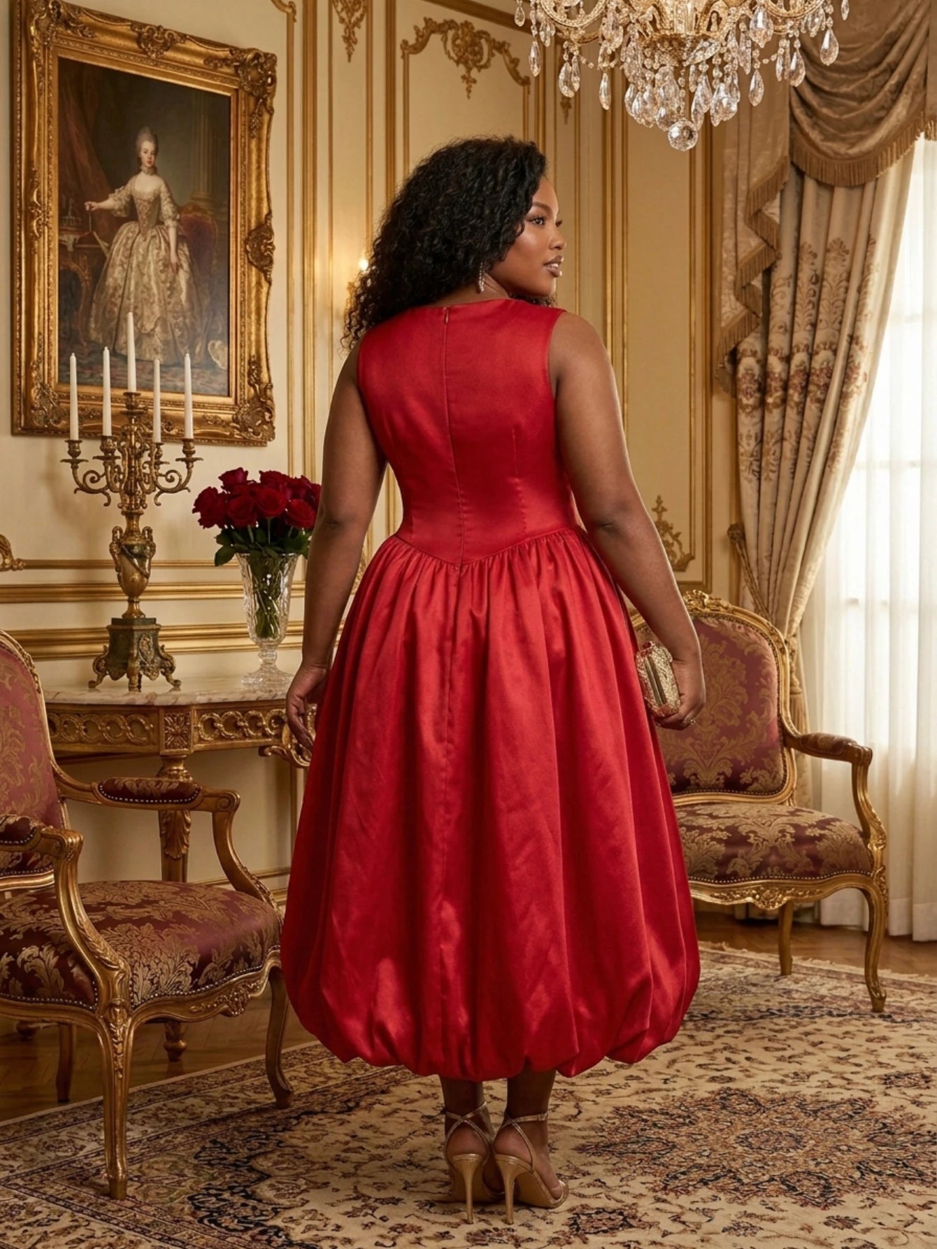 Women's Round Neck Sleeveless Pleated Midi Dress Big Size For Wedding Guest Evening Formal Banquet Elegant Fashion Occasions