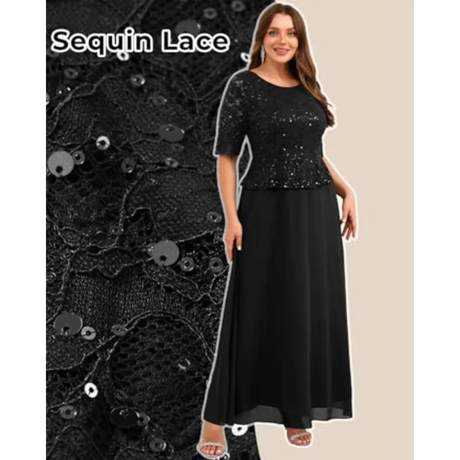 Plus Size Formal Dresses - Mother of The Bride Evening Gowns Wedding Guest Sequin Lace Bodice Long Dress Women