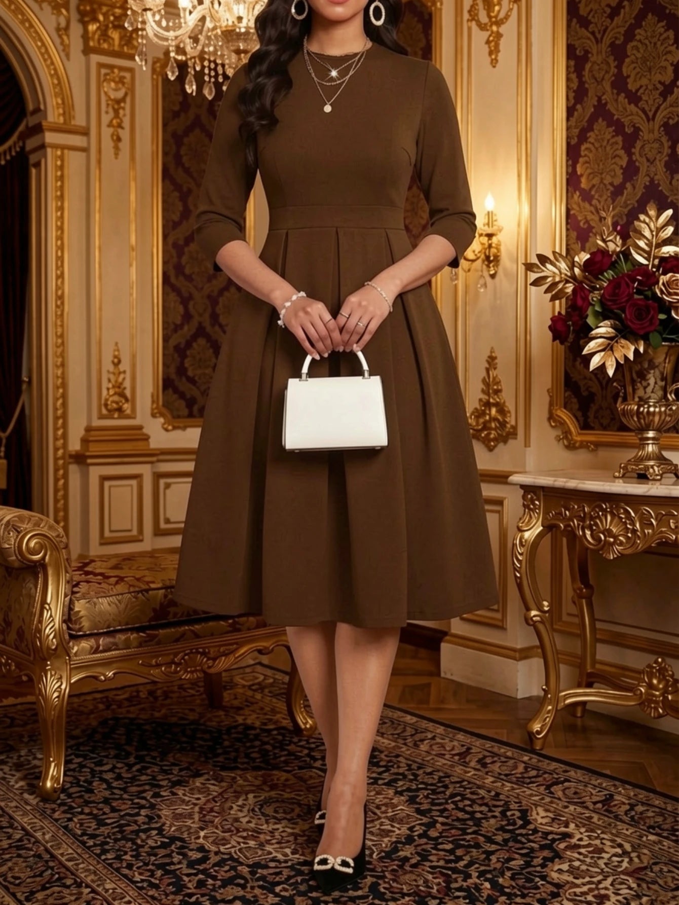 Women's Round Neck Three Quarter Sleeve Pleated Midi Dress For Business Daily Banquet Wedding Guest Formal Fashion Occasions