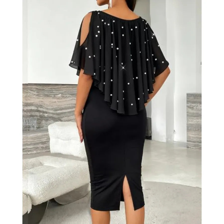 CHICME Womens V Neck Cold Shoulder Bodycon Midi Dress with Rhinestone and Pearls Cocktail Evening Wedding Guest Dress