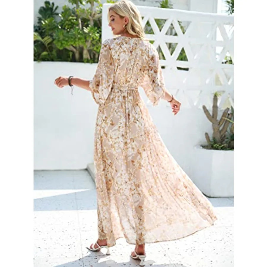 ANRABESS Womens 1/2 Sleeve Beach Wedding Guest Maxi Dresses 2026 Summer Wrap V Neck Boho Floral Flowy Slit Long Dresses