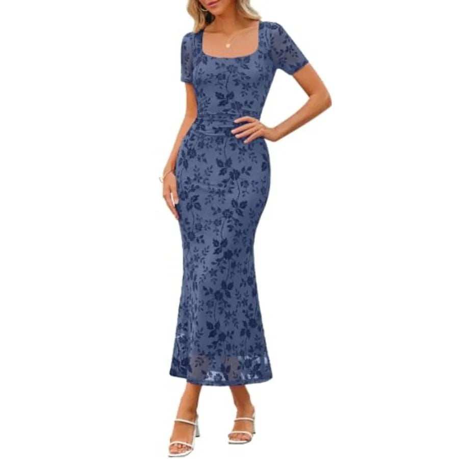 MEROKEETY Women Summer Floral Wedding Guest Maxi Dress 2026 Short Sleeve Square Neck Mesh Bodycon Cocktail Party Long Dresses