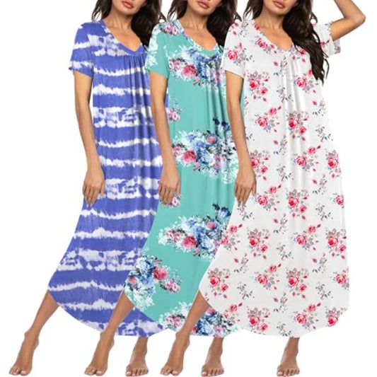 Ekouaer 3 Pack Long Nightgowns for Women Plus Size House Dress Short Sleeve Night Gown V Neck Casual Nightshirt M-5XL