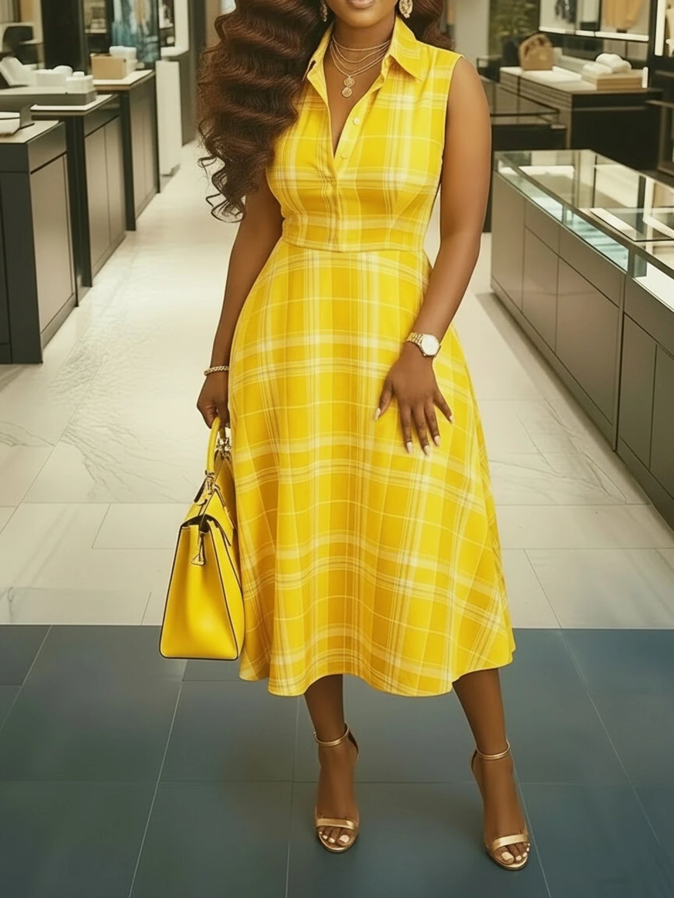 Women Lapel Collar Sleeveless Plaid Print Midi Dress For Shopping Mall Casual Daily And Weekend Vacation Occasion