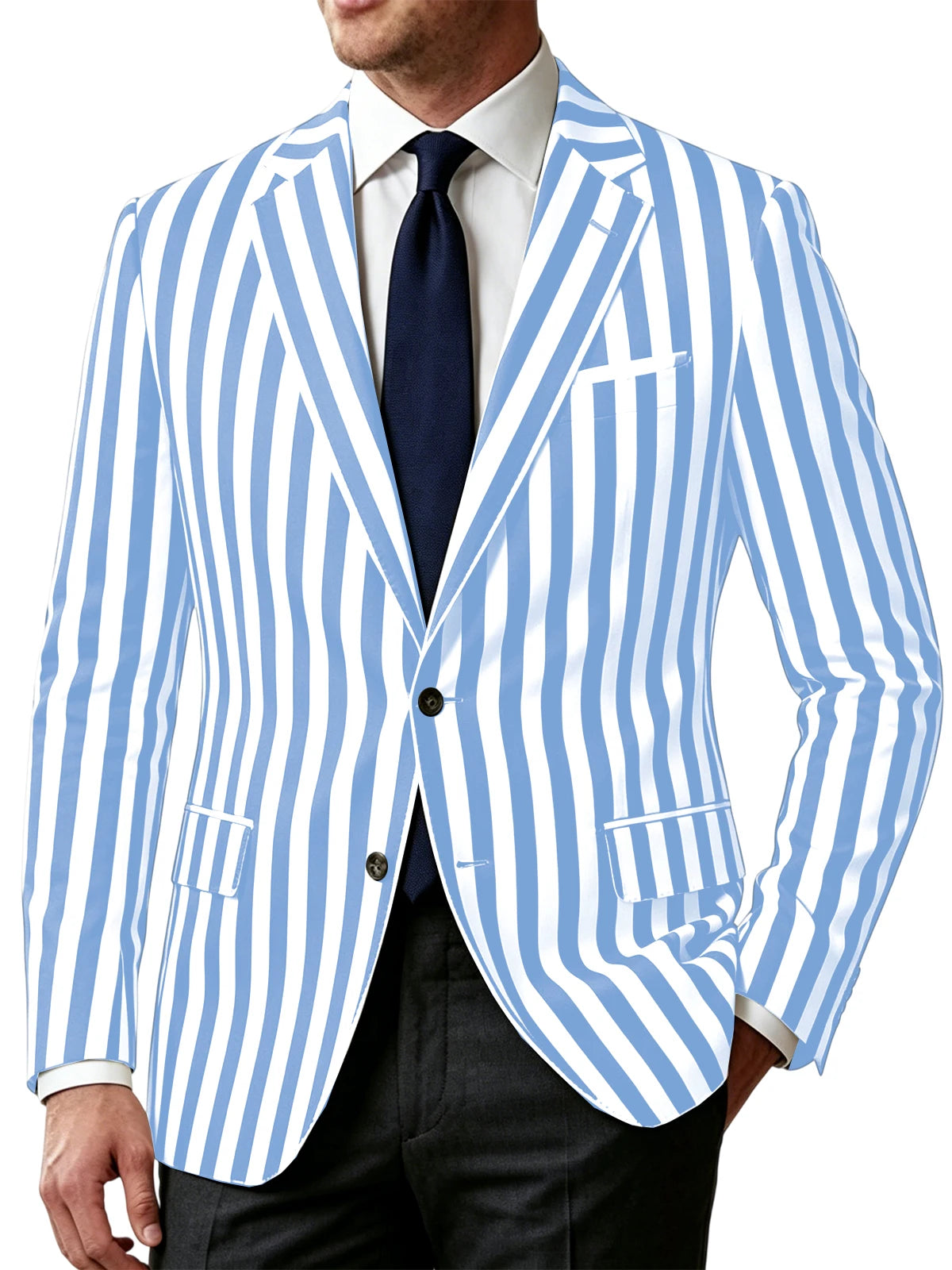 Men's Vertical Striped Blazer Slim Fit Single Breasted Casual Business Sport Coat Lightweight Formal Jacket For Office Wedding