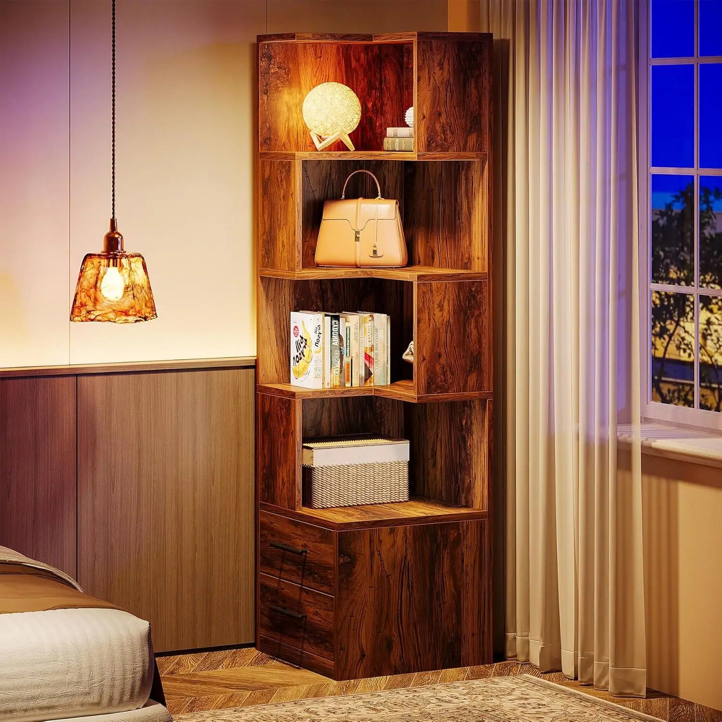 5-Tier Corner Bookshelf With 2 Drawers Mid-Century Modern Storage