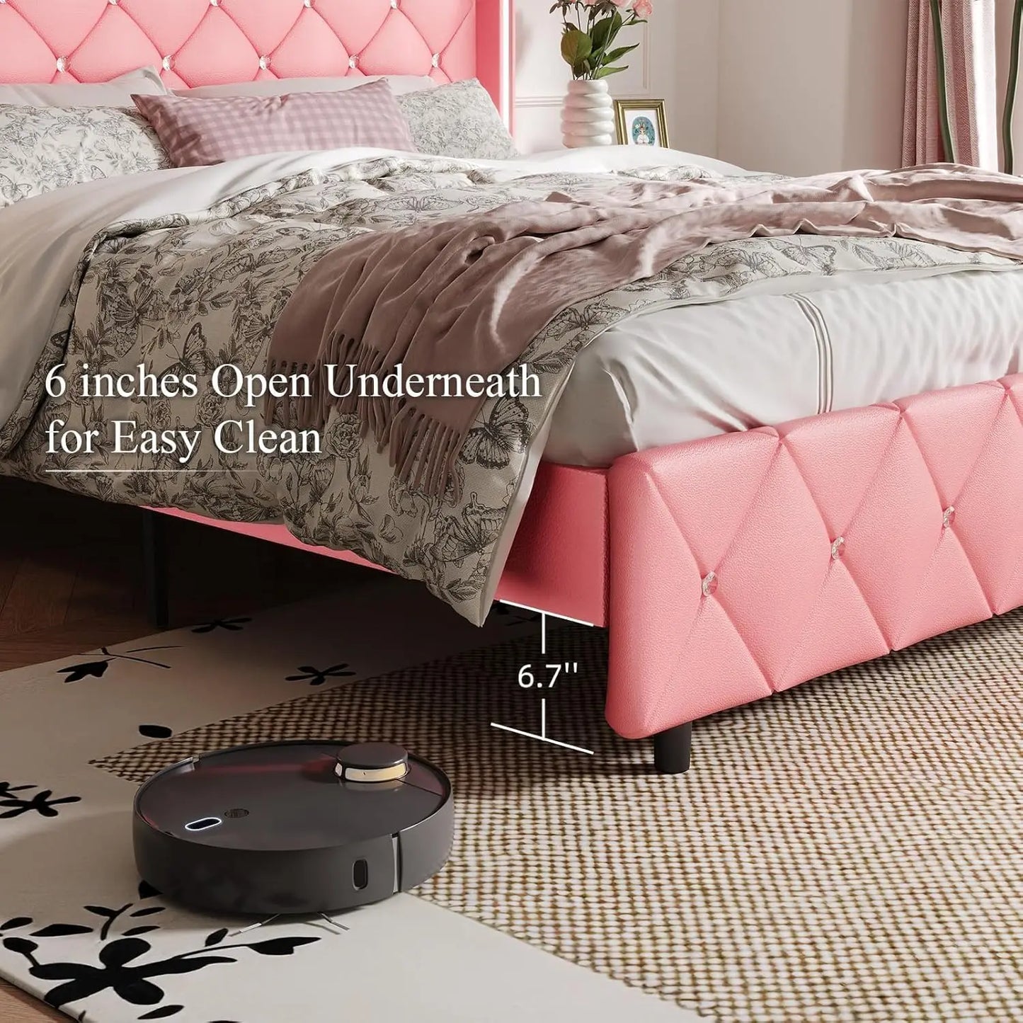 Queen Bed Frame with Headboard, Upholstered Queen Size Bed Frame with Diamond Tufted Wingback Headboard, Faux, Customized