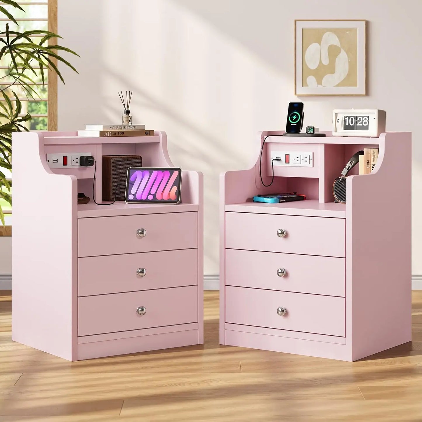Night Stand Set 2,Pink Nightstand with Charging Station & Hutch,Night Stands for Bedrooms Set of 2,Bedside Table, Customized