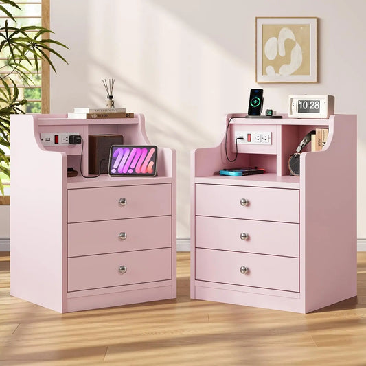 Night Stand Set 2,Pink Nightstand with Charging Station & Hutch,Night Stands for Bedrooms Set of 2,Bedside Table, Customized