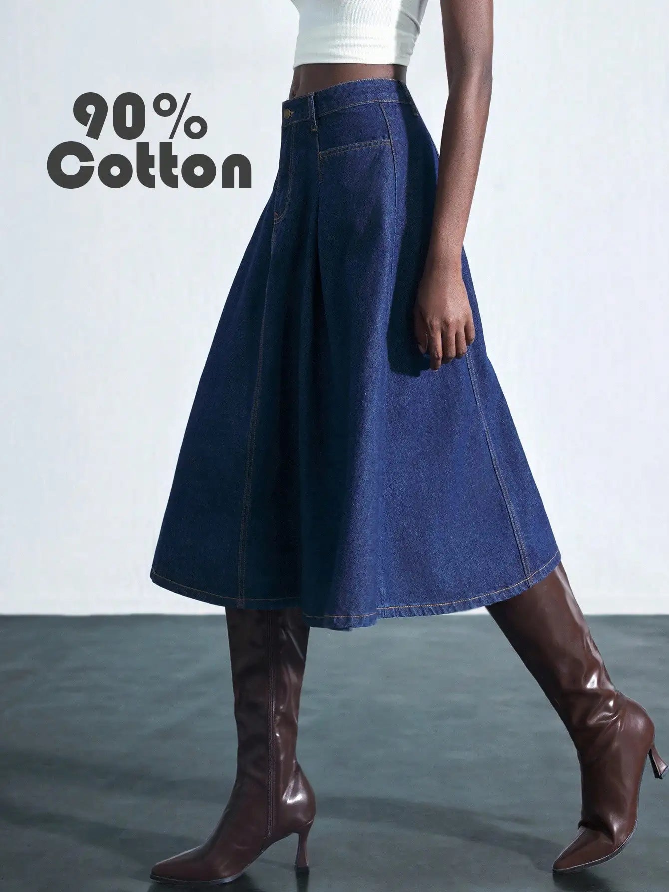 Women's Blue Denim A-Line Midi Skirt with Pocket, Low Waist, 90% Cotton