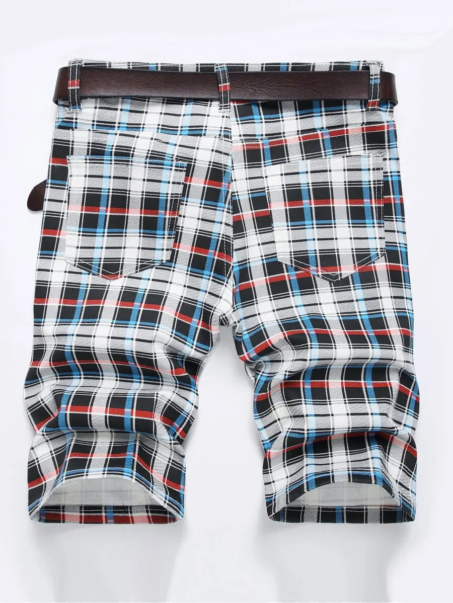 Men Plaid Print Denim Shorts Without Belt