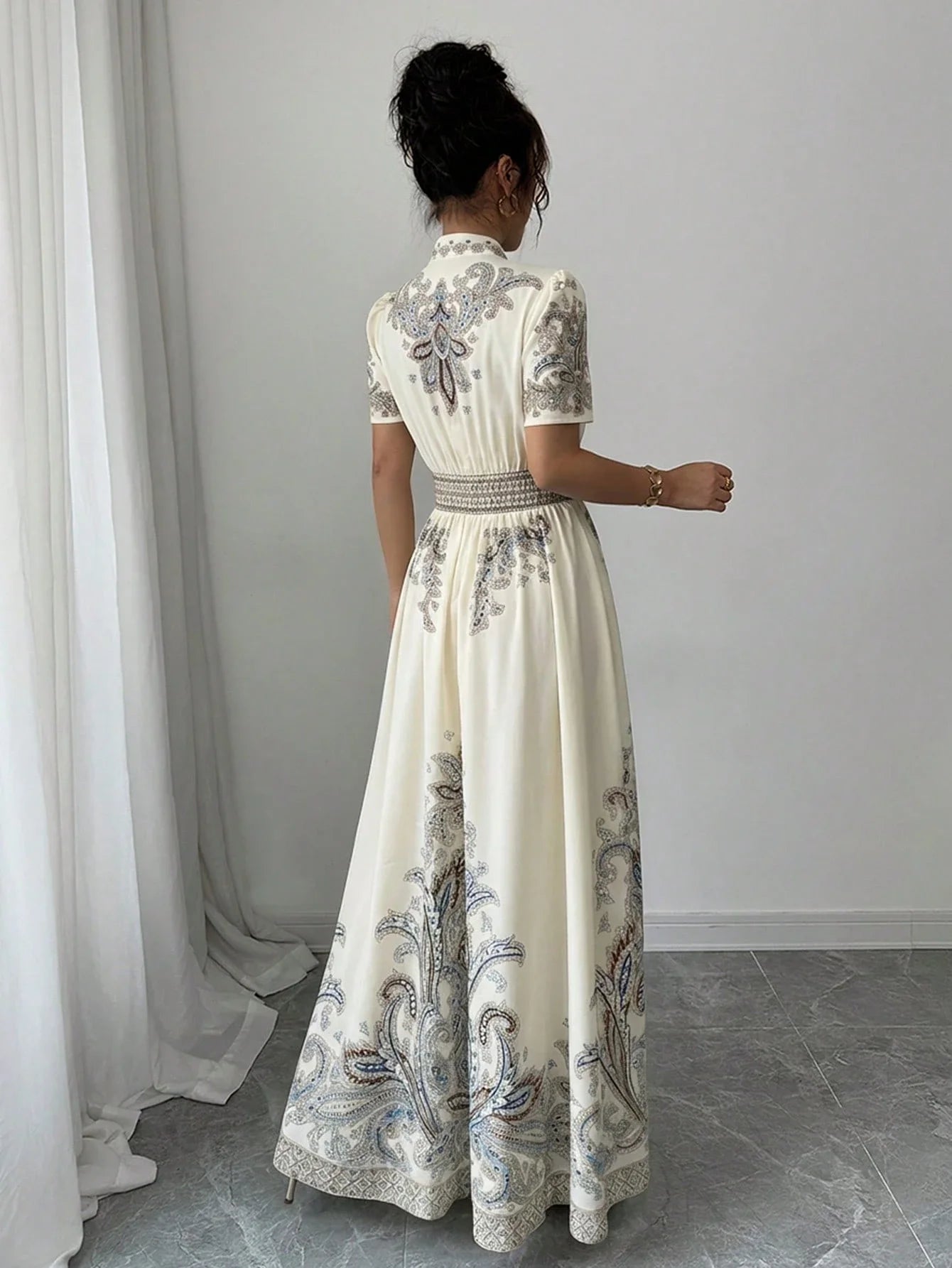 Elegant A-Line Maxi Dress With Puff Sleeve Notched Neck Embroidered Paisley Pattern