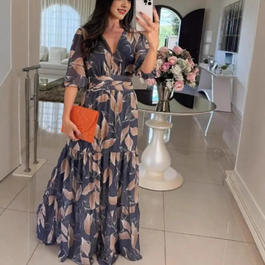 2026 European and American women's clothing summer new style V-neck fashionable elegant printed long dress for women