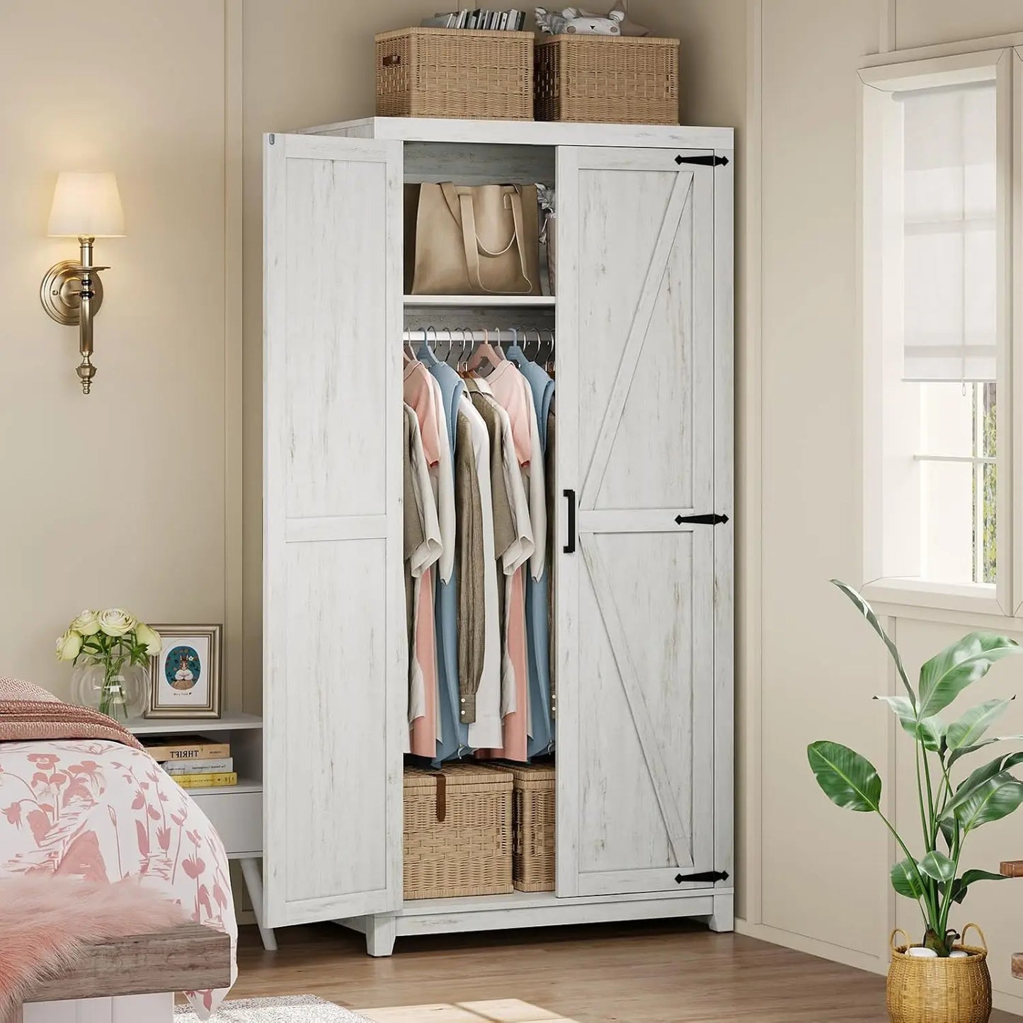 Farmhouse Armoire Closet 71in Barn Doors Cabinet Rod & Shelf Bedroom Storage White Custom