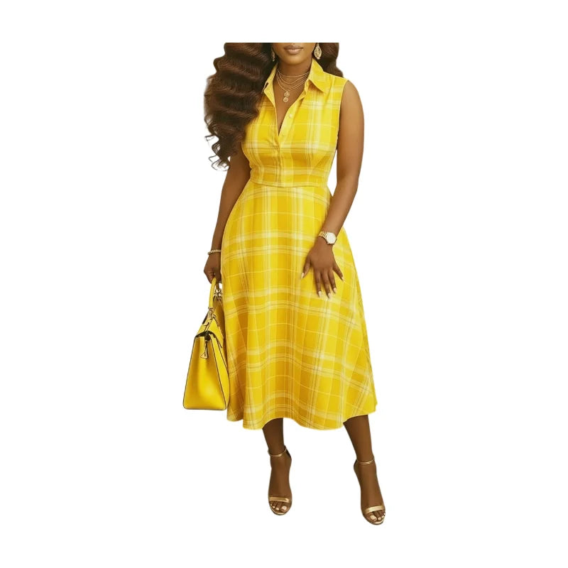 Women Lapel Collar Sleeveless Plaid Print Midi Dress For Shopping Mall Casual Daily And Weekend Vacation Occasion