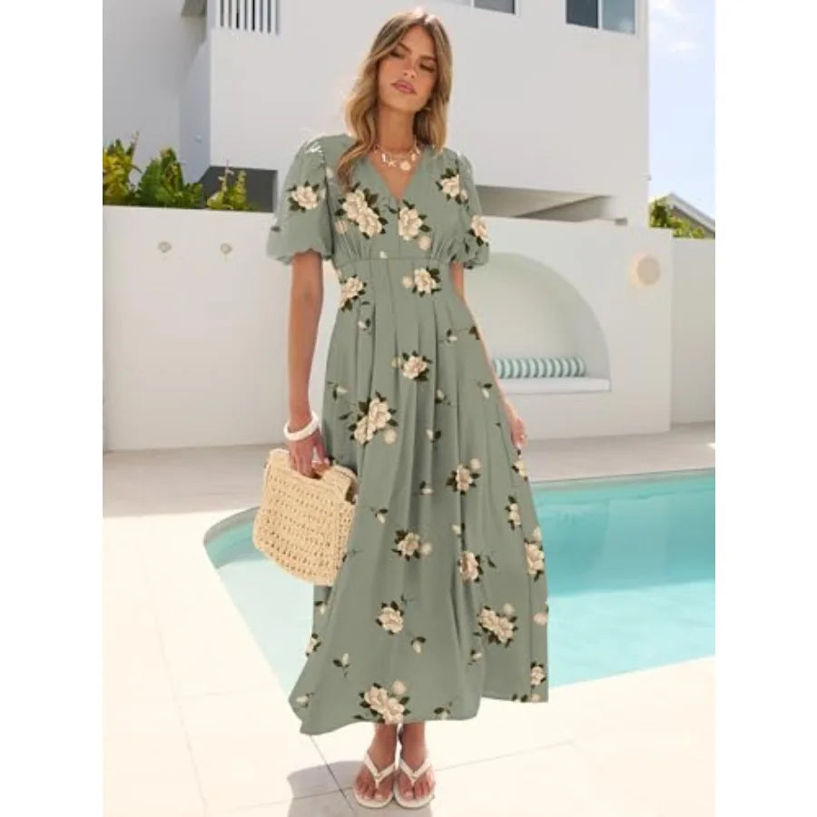 Caracilia Women's Floral Maxi Dress, Spring Wedding Guest Formal Party, V Neck Puff Sleeve Full Lined, Summer Casual Dresses