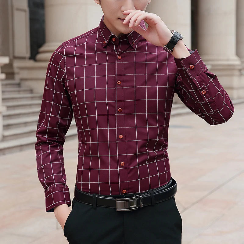 BROWON Brand Shirts Men Long Sleeve Turn-down Collar Plaid Pattern Men's Shirt Smart Casual Business Shirt Plus Size M - 5XL