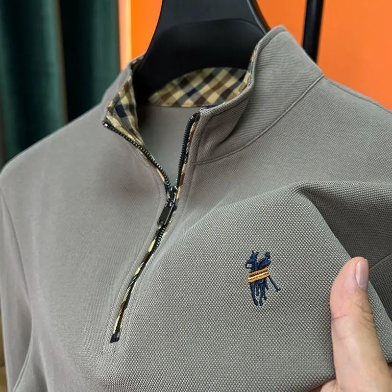 Mens Cotton Long Sleeve Embroidered Zipper Stand Collar Polo Shirt