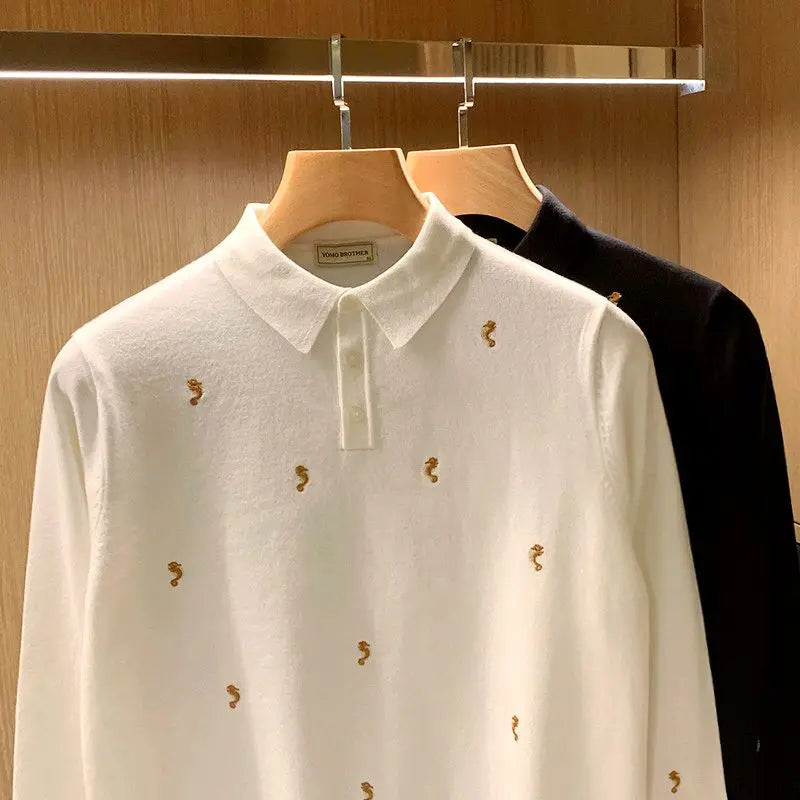 Mens Seahorse Embroidered Knitted Polo Shirt Long Sleeve