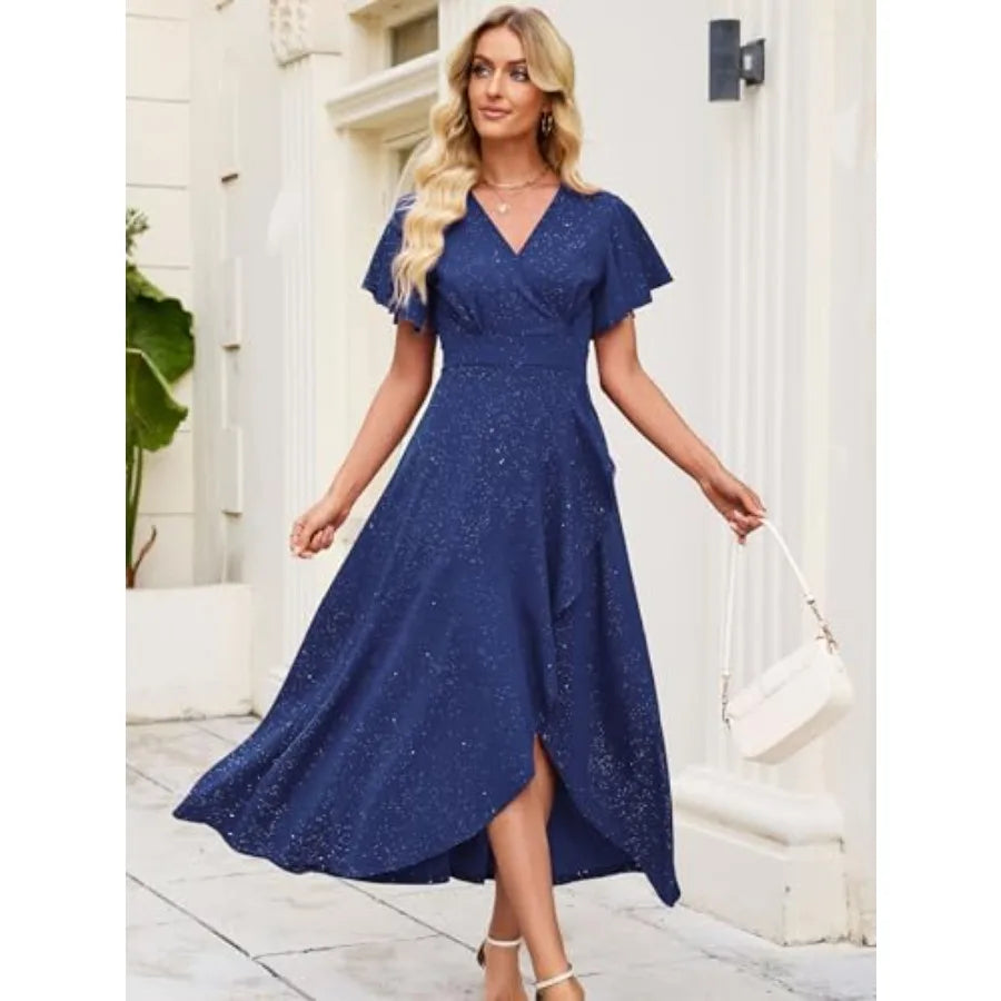 Long Formal Dresses for Women Gowns Evening Party Cocktail Dress, Split Elegant V Neck Wrap Ruffle Wedding Guest Dresses