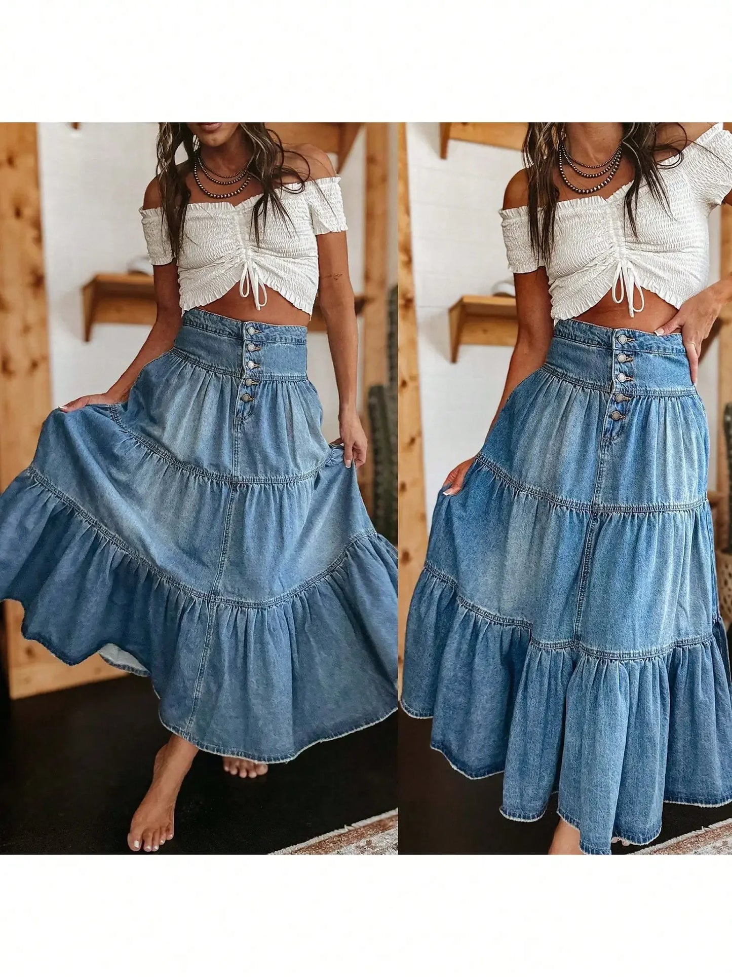 Women's High Waist Tiered Denim Skirt with Button Front and Ruffled Hem