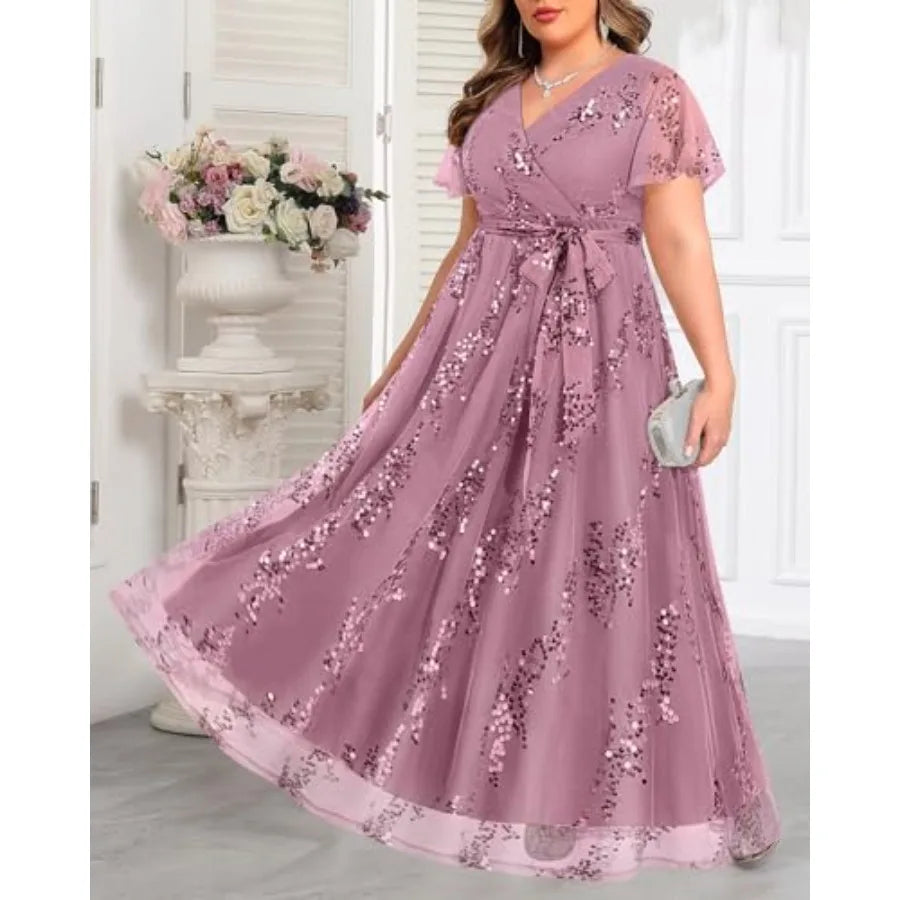 Pinup Fashion Plus Size Formal Dresses - Wedding Guest Evening Gowns Sequin Embroidery V-Neck Maxi Dress