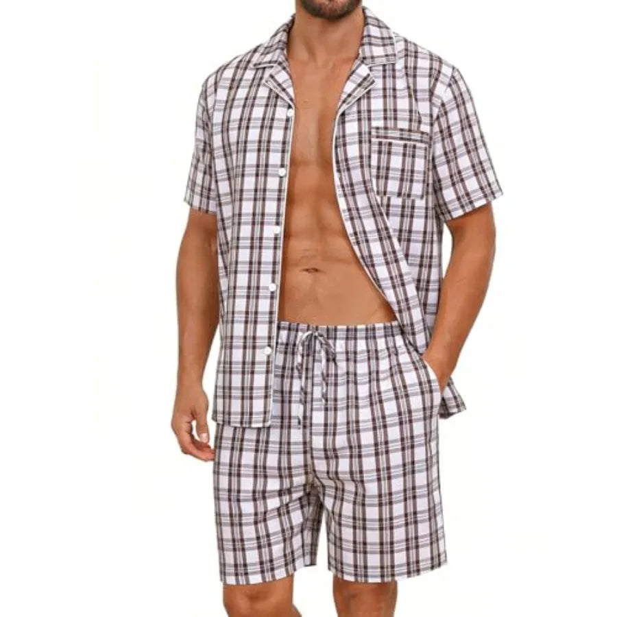 SWOMOG Mens 100% Cotton Pajama Set 2Pcs Button Down Pjs Set Short Sleeve Sleepwear with Pocket Soft Summer Stripe Nightwear