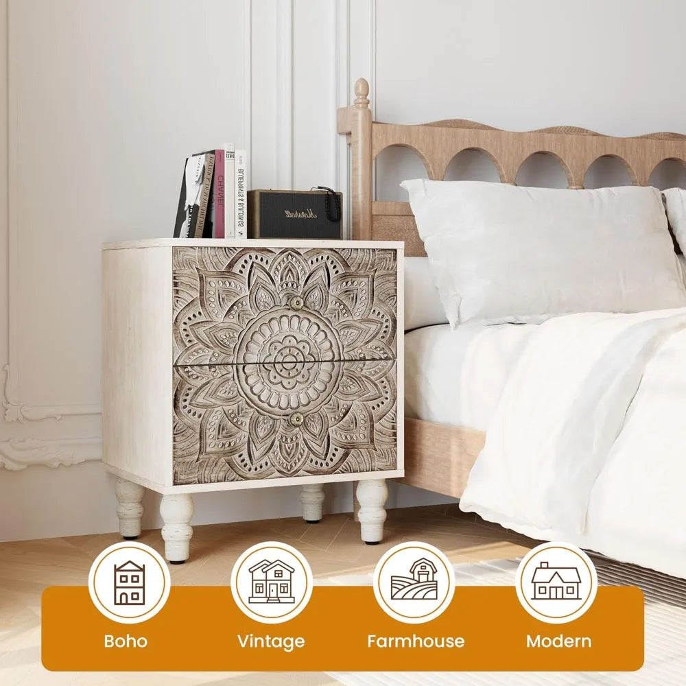 White Nightstand with 2 Drawers, Lotus Flower Carved Wood Bedside Table, Small Nightstand Side Table, Easy Assembly, Customized