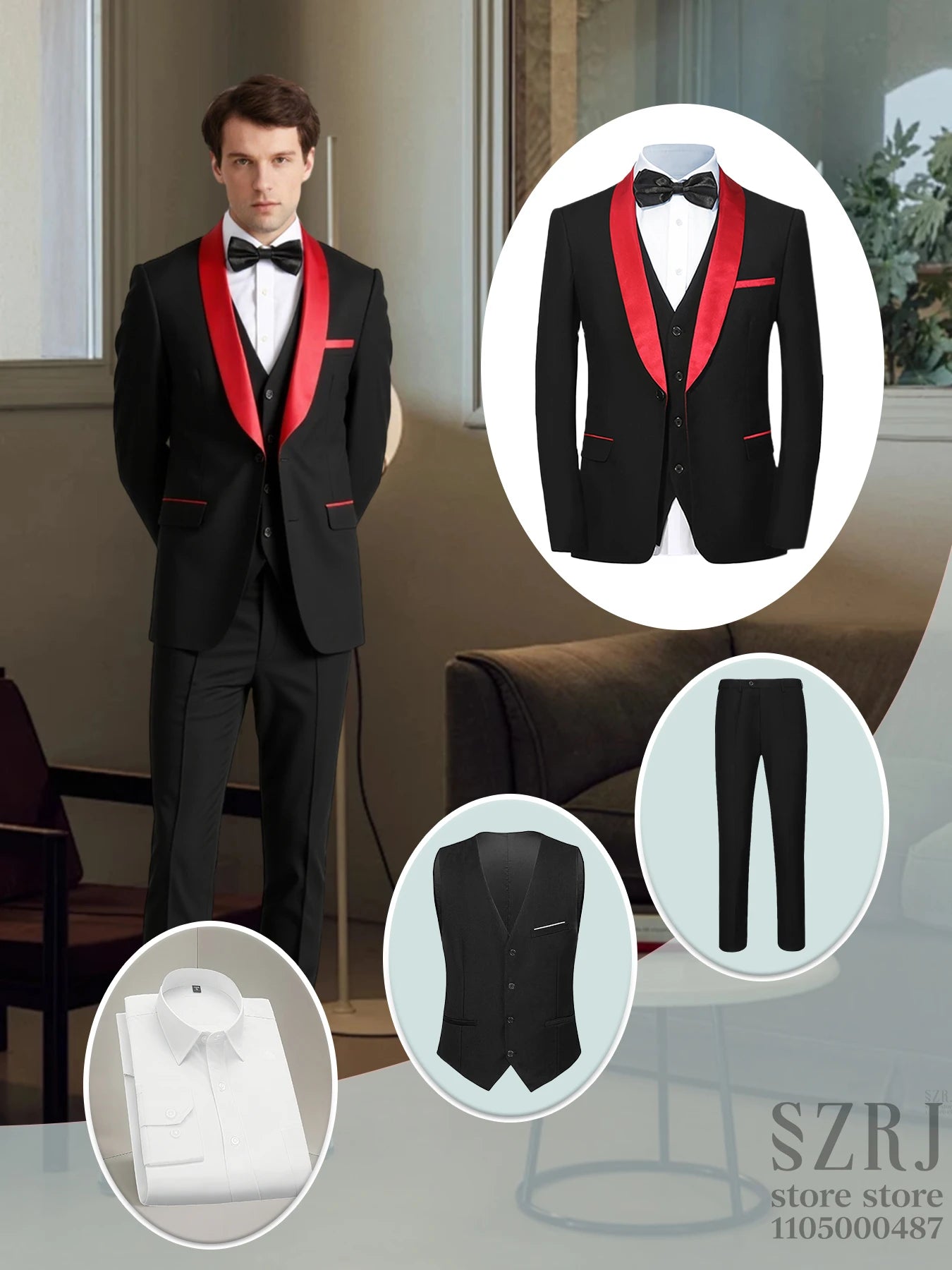 4Piece Men's Formal Suit Set Solid 2-Button Blazer+Vest+Shirt+Pants, Regular Fit for Business/Wedding/Office, All-Season