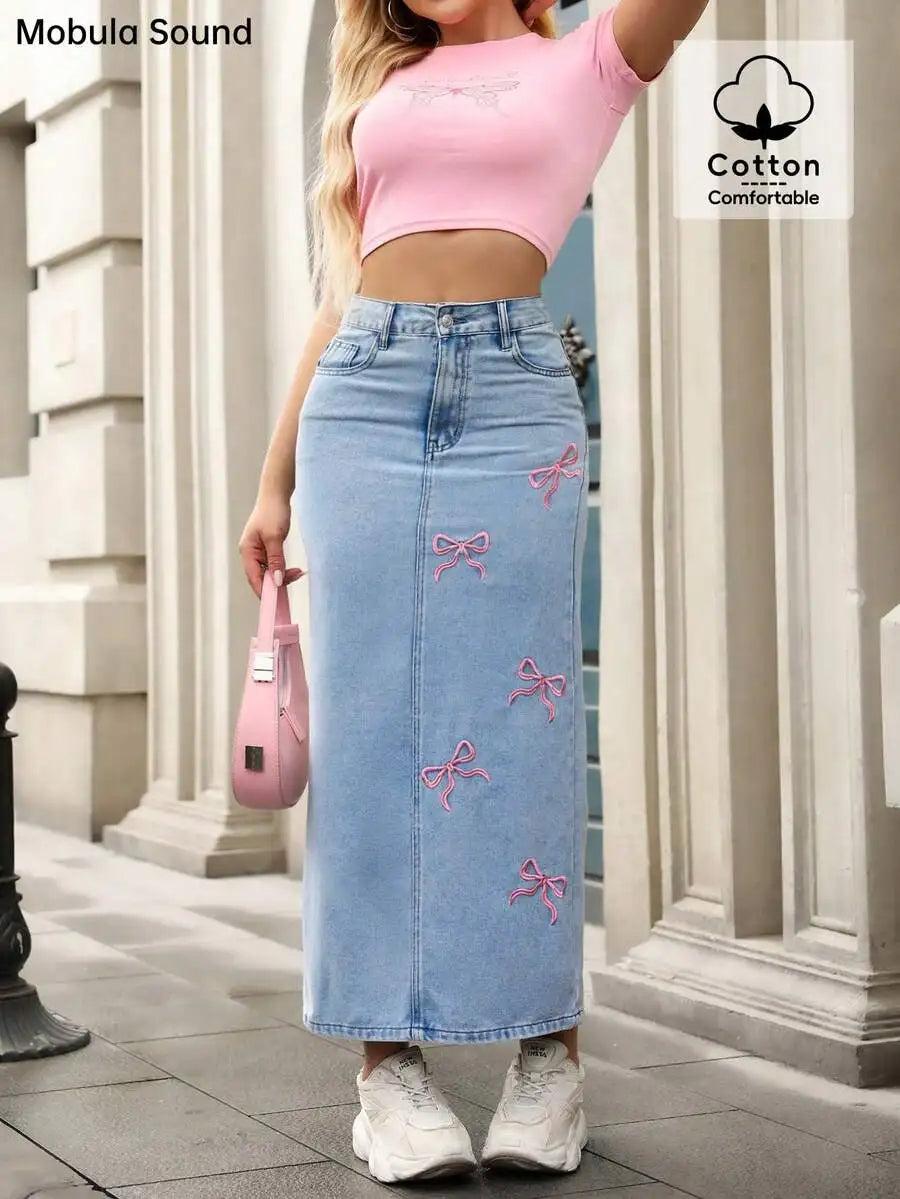 Cute Pink Bow Embroidered Bodycon Denim Midi Skirt for Women