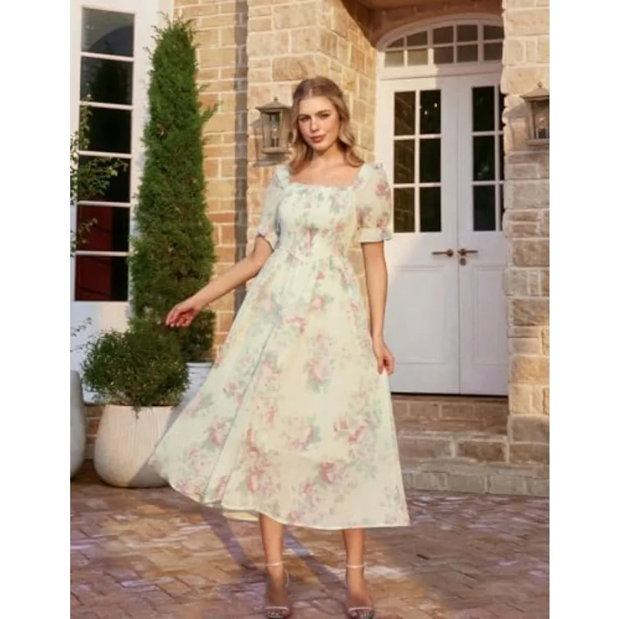 Scarlet Darkness Floral Dress for Women Summer Puff Sleeve Square Neck A Line Flowy Wedding Guest Tea Party Dresses
