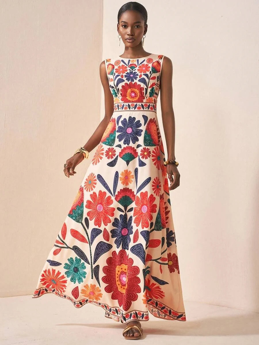 Women Floral Embroidery Maxi Dress Sleeveless Round Neck A-Line Long Dress Summer Beach Wedding Guest Holiday Party Dresses