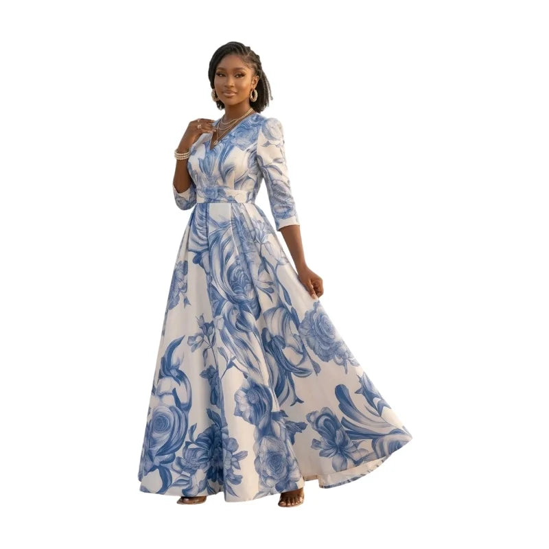Women's V Neck Three Quarter Sleeve Printed Pleated Maxi Dress For Wedding Guest Beach Banquet Elegant Fashion Occasions