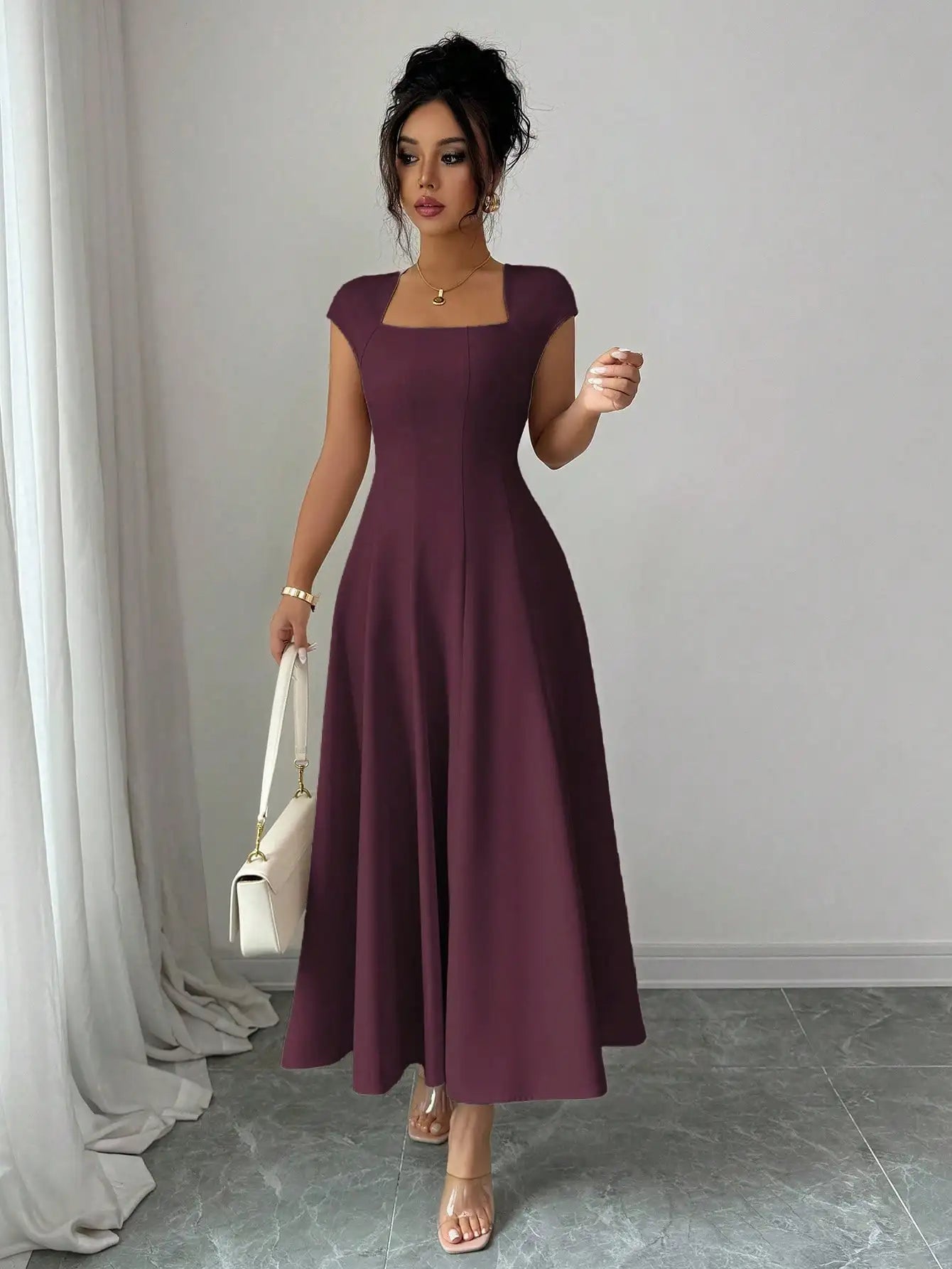Elegant Solid Color Square Neck Short Sleeve A-Line Midi Dress For Women
