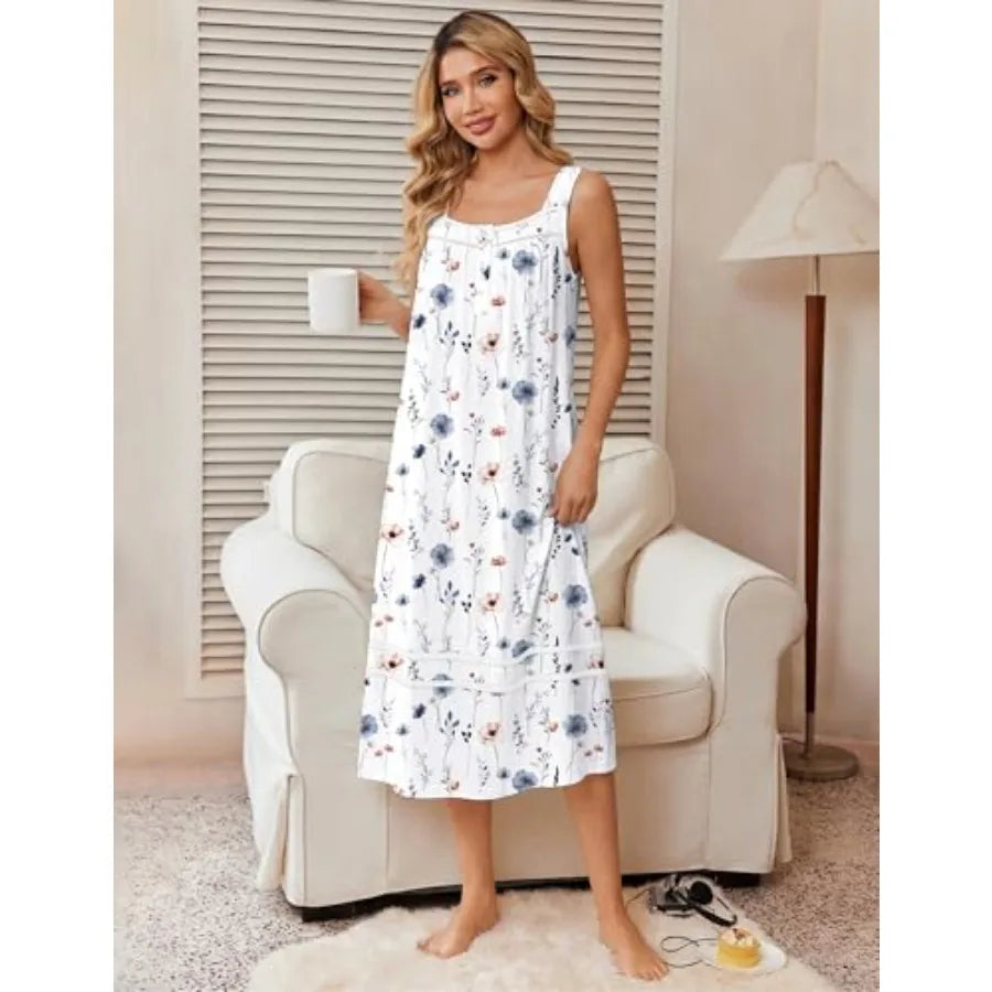 Ekouaer Nightgowns for Women Cotton Long Night Gowns Sleeveless Sleep Dress Victorian Nightdress Ladies Sleepwear XS-4XL