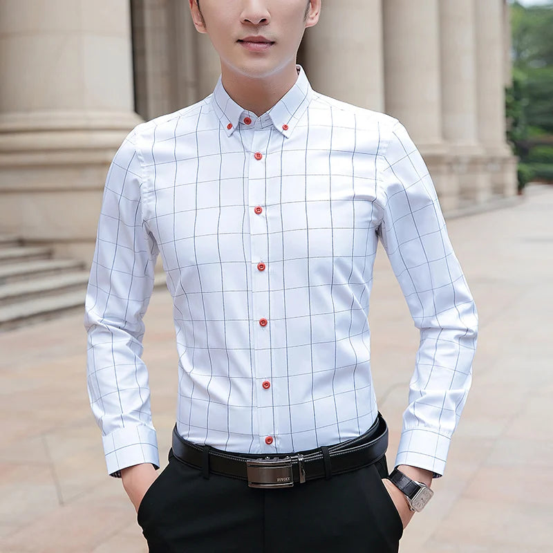 BROWON Brand Shirts Men Long Sleeve Turn-down Collar Plaid Pattern Men's Shirt Smart Casual Business Shirt Plus Size M - 5XL