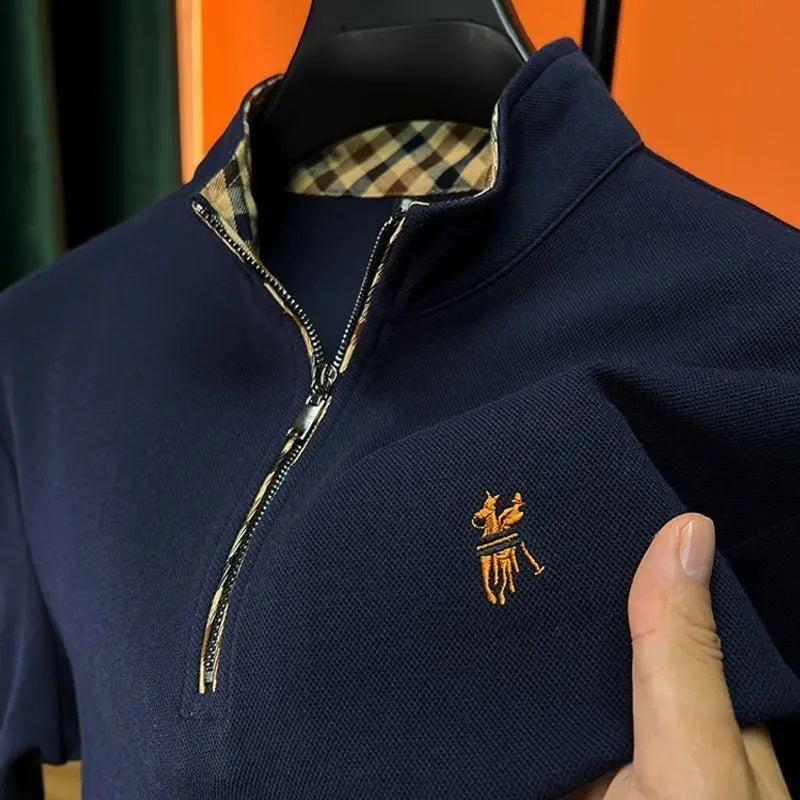 Mens Cotton Long Sleeve Embroidered Zipper Stand Collar Polo Shirt